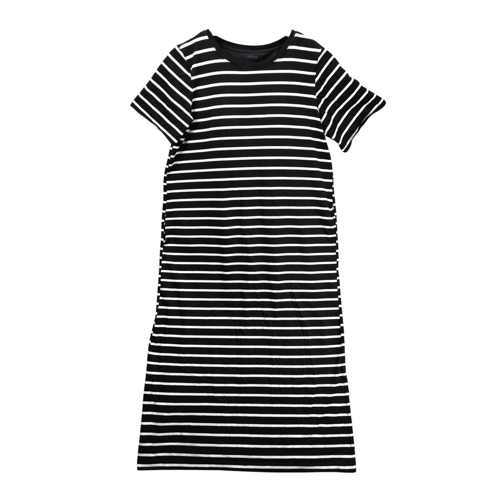 Uniqlo AIRism T-Shirt Dress Striped Womens XL Black White Midi Short Sleeve - Picture 2 of 12